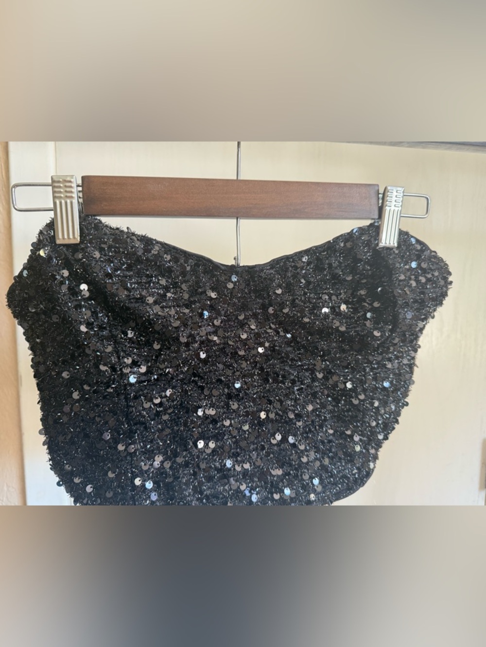 Black Sequin Strapless Top